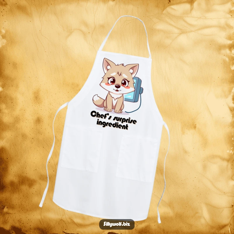 Funny Wolf Apron: A wolf with wide, surprised eyes stares at a flickering computer monitor.
