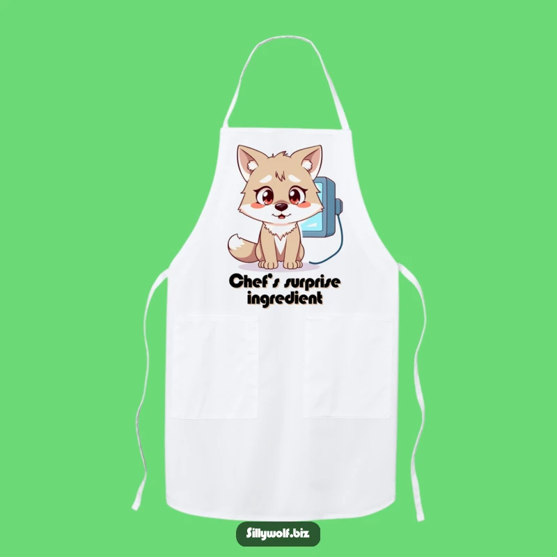 Funny Wolf Apron: Surprised Chef Wolf at Monitor, Hilarious Kitchen Gift