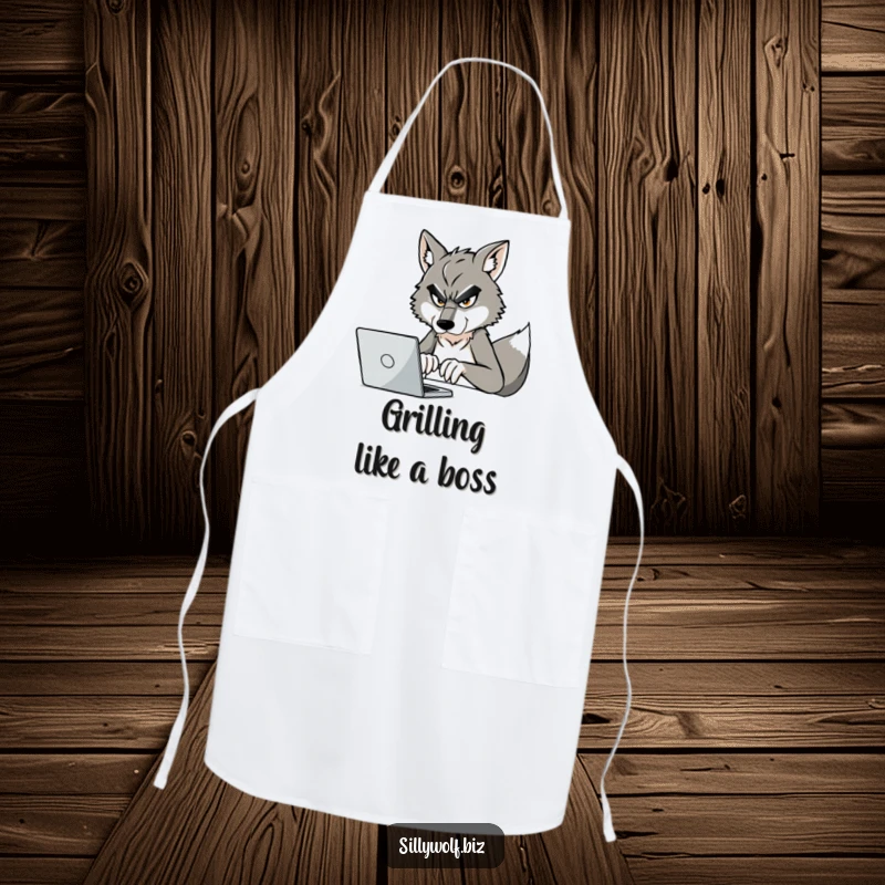 Funny Wolf Apron: A determined wolf types furiously on a laptop, ready for kitchen chaos.