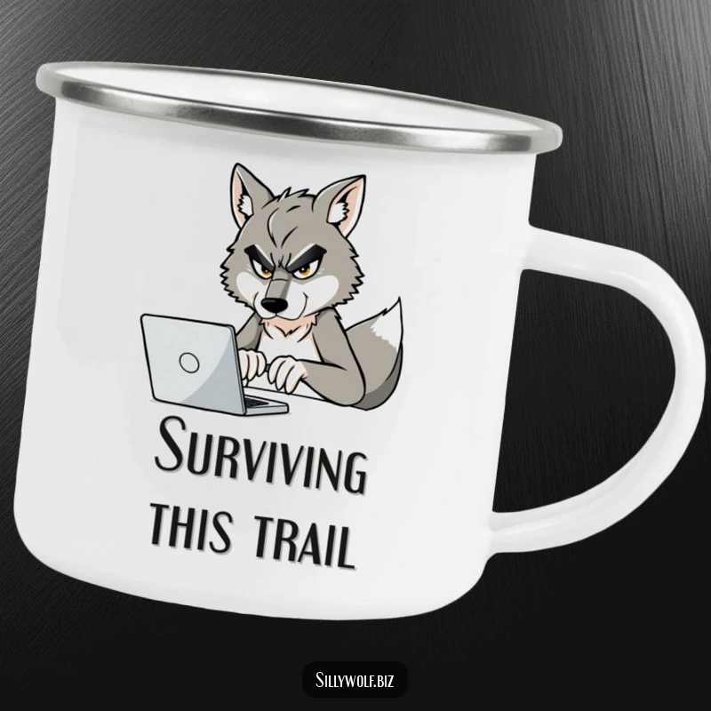 Funny Wolf Camping Mug: A determined wolf types on a laptop, ideal for outdoor coffee breaks.
