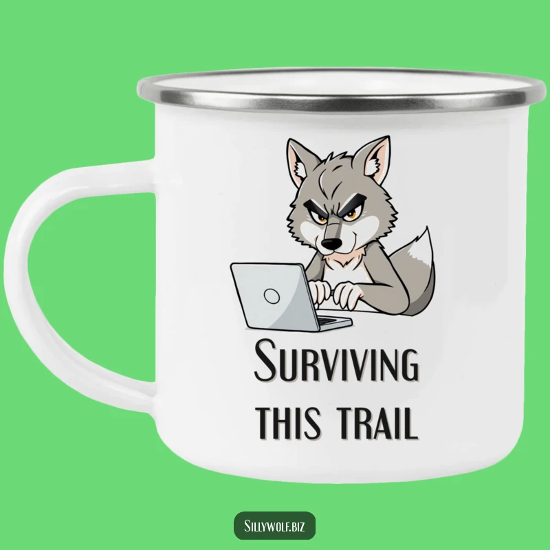 Funny Wolf Camping Mug: Busy Wolf Typing, Durable and Hilarious Outdoor Gift