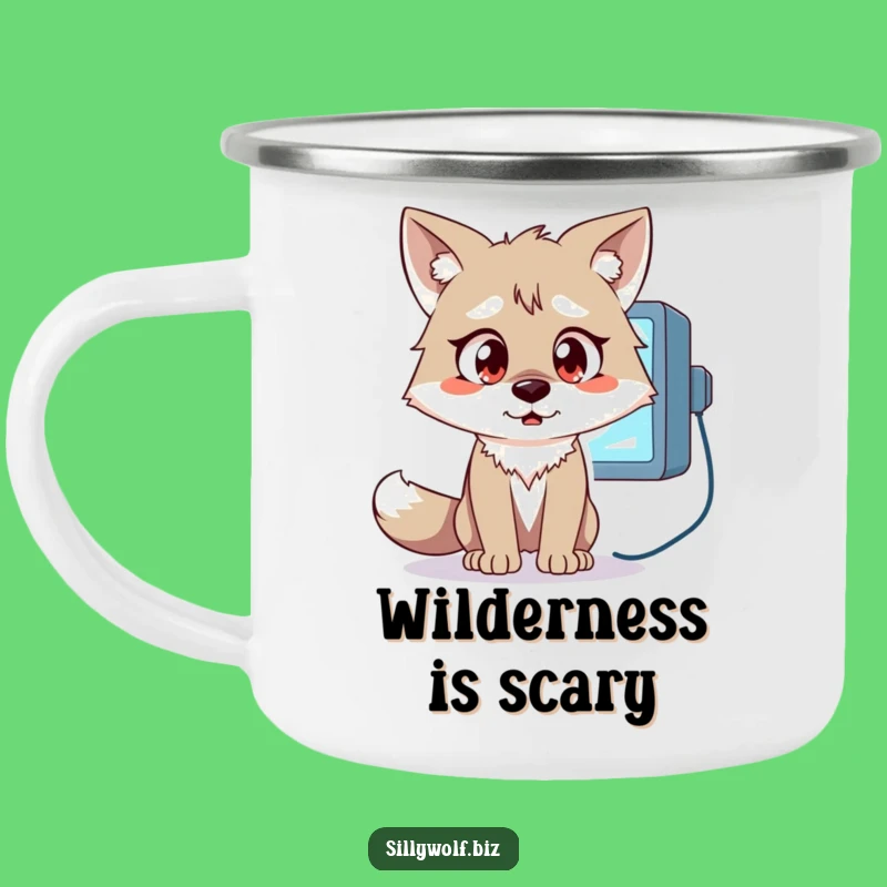 Funny Wolf Camping Mug: Surprised Wolf at Monitor, Hilarious Outdoor Gift