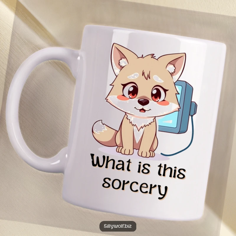 Funny Wolf Shocked Mug: A wolf with wide eyes stares in disbelief at a flickering computer monitor, capturing surprise.