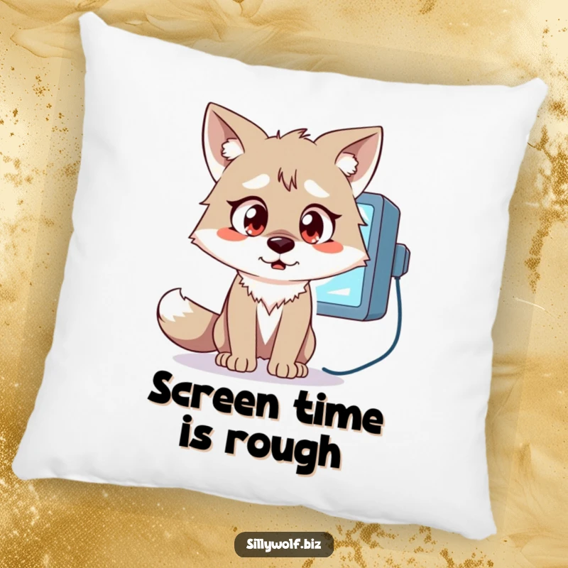 Funny Wolf Pillow: A wolf with wide, shocked eyes stares intently at a flickering computer monitor.