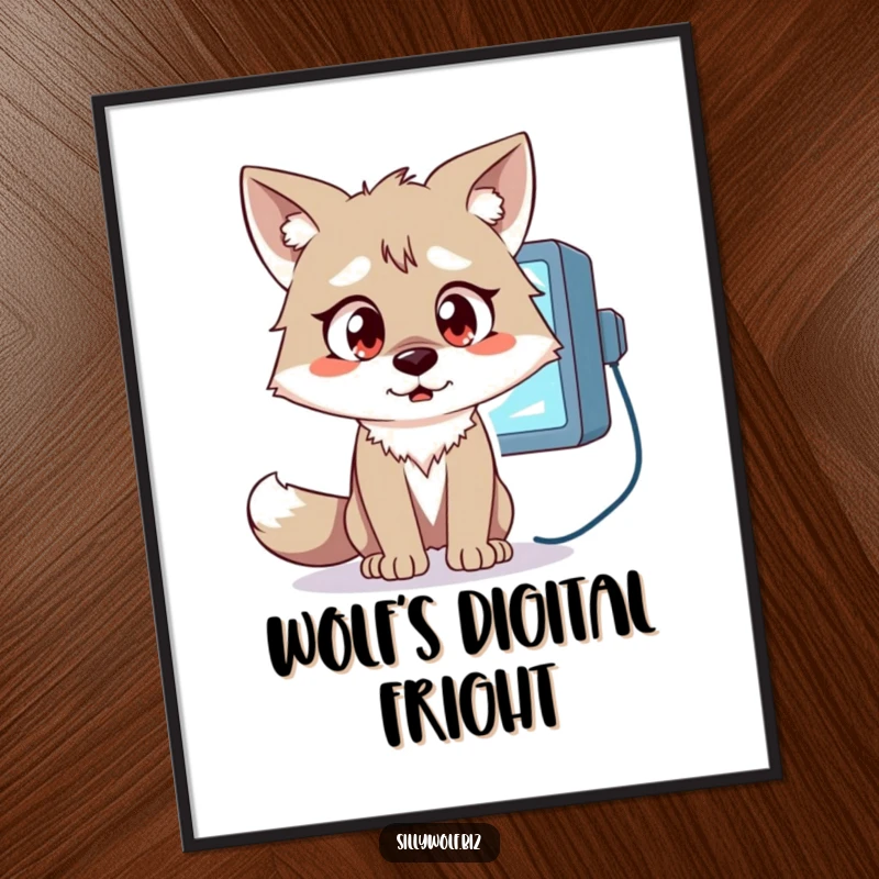 Funny Wolf Digital Art: A wolf with wide, astonished eyes stares at a flickering computer monitor.