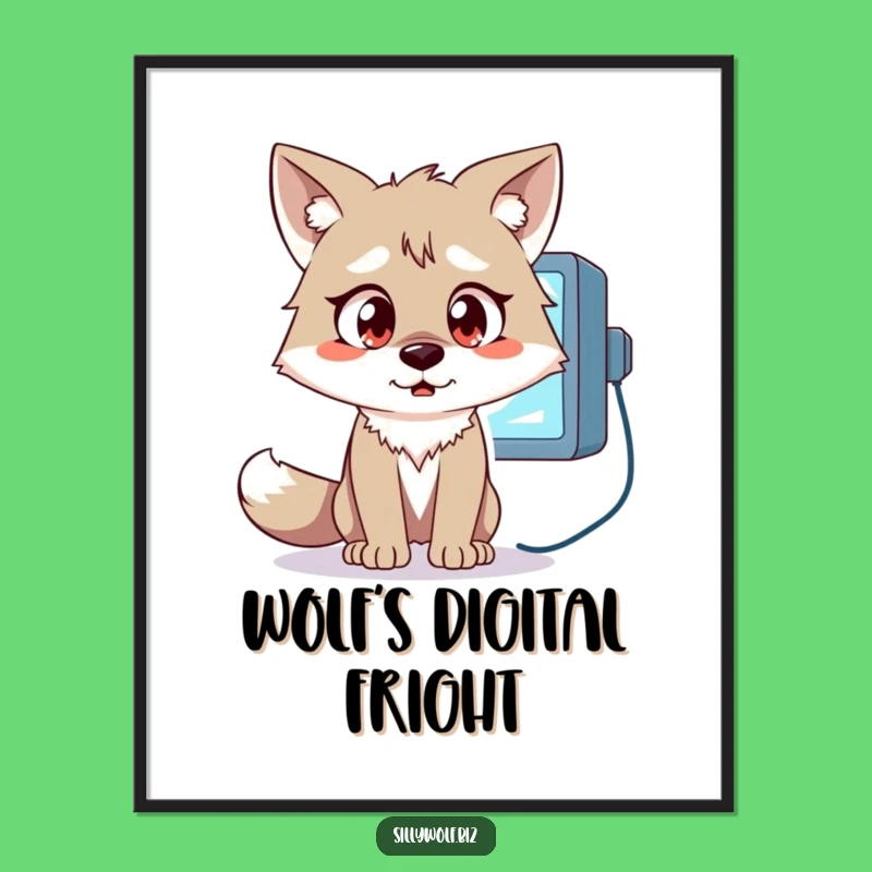 Funny Wolf Digital Art: Surprised Wolf at Monitor, Instant Download for Humorous Decor Gift