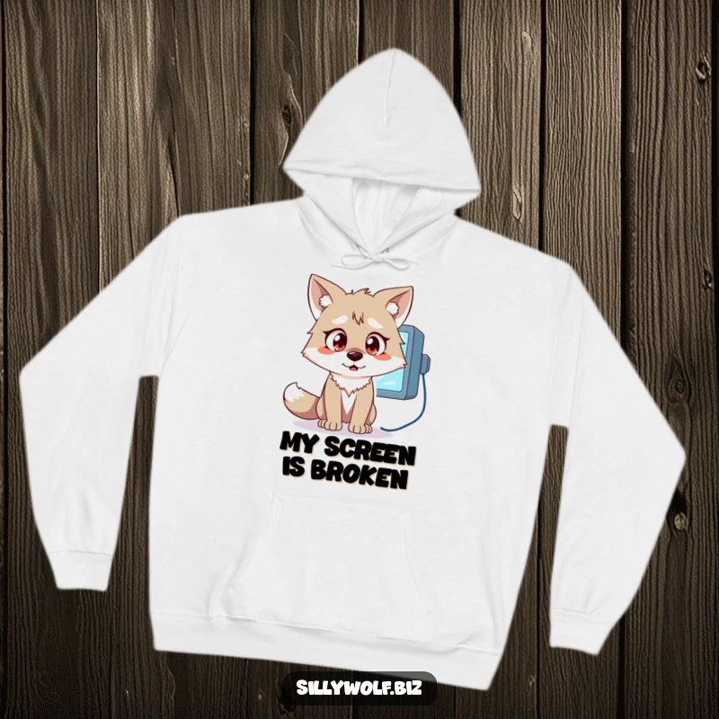 Funny Wolf Hoodie: A wolf with wide, astonished eyes stares at a flickering computer monitor.