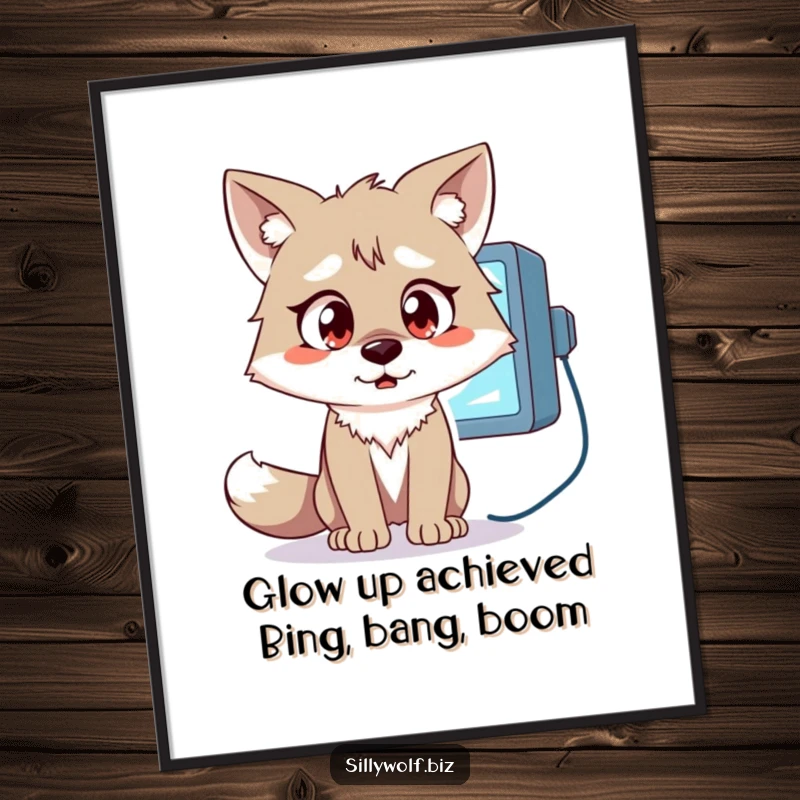 Funny Free Printable Wall Art: A wolf with comically wide eyes reacting to a flickering computer monitor, perfect decor.