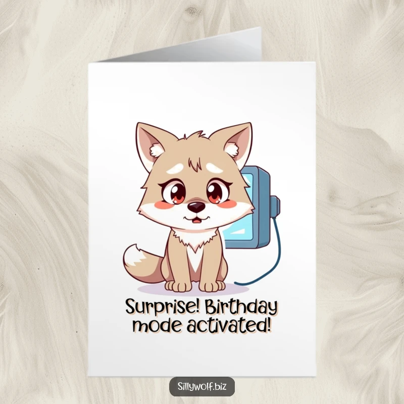 Funny Free Printable Birthday Card: Wolf with wide, shocked eyes staring at a glitching computer screen, mid-celebration.