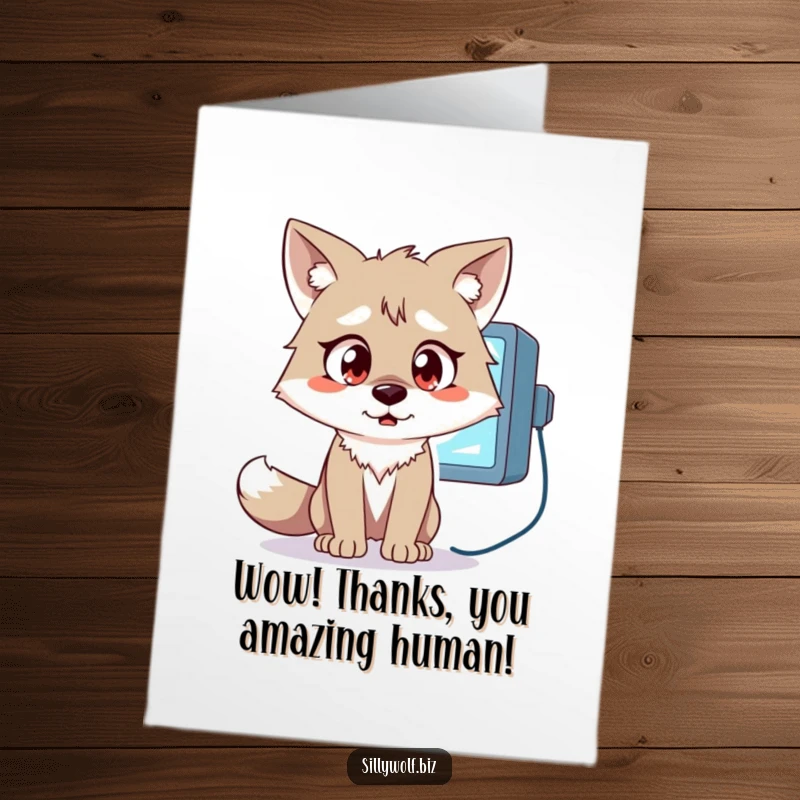 Funny Free Printable Thank You Card: Wolf with wide eyes staring at a computer, expressing surprised gratitude.
