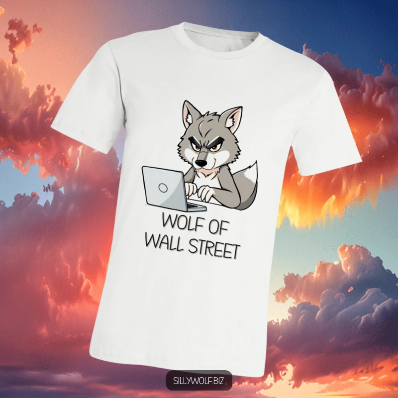 Funny Wolf Coder T-Shirt: A determined wolf furiously types on a laptop, embodying the spirit of a coder.