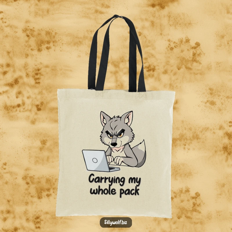 Funny Wolf Tote Bag: A busy wolf is focused on typing on a laptop, perfect for everyday use.